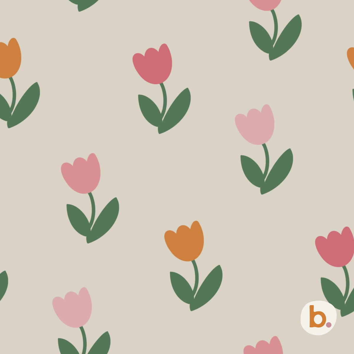 Spring Tulip seamless pattern: pink, rose and orange tulips with green leaves on a warm grey background.