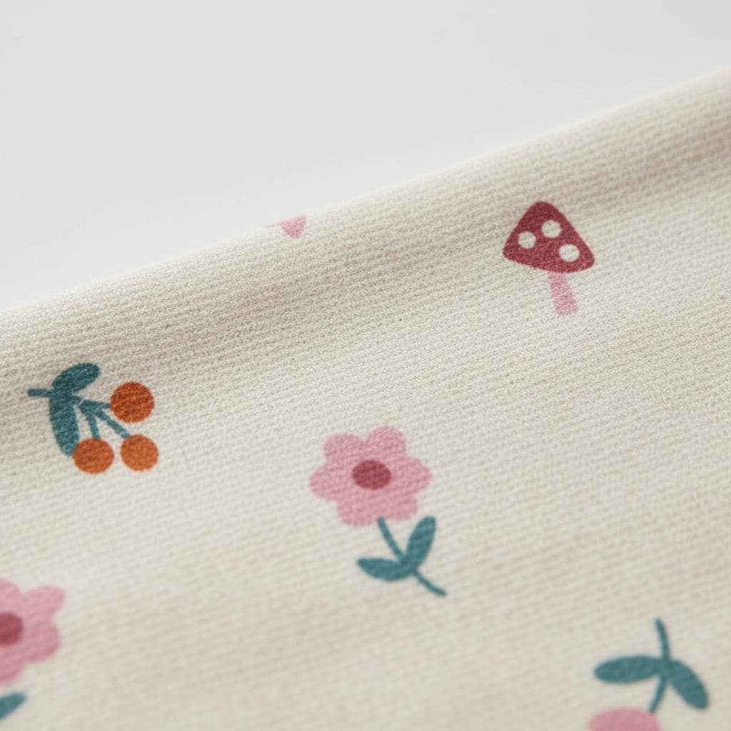 A light beige fabric featuring a repeating pattern of small pink flowers with dark centres, orange berries with teal leaves, and red mushrooms with white spots. The textile has a visible woven texture and a soft, matte appearance.