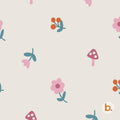 Floral Mushroom seamless pattern: small pink and red toadstools, pink flowers and orange berry sprigs on a light grey background.