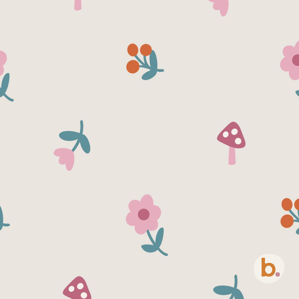 Floral Mushroom seamless pattern: small pink and red toadstools, pink flowers and orange berry sprigs on a light grey background.