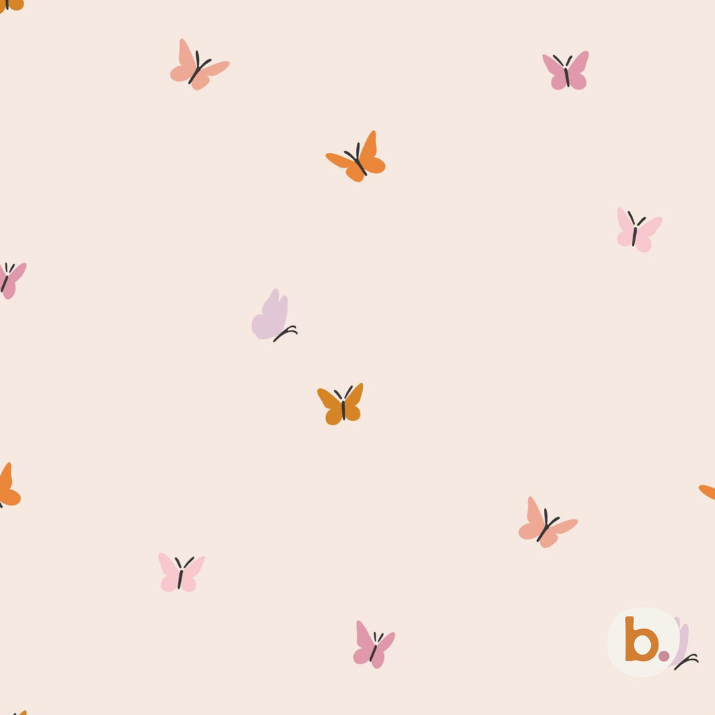 A light beige background featuring a repeating pattern of small, stylised butterflies in shades of pink, orange, and lavender. Each butterfly has simple black lines for the body and wings, arranged in a scattered, non-uniform layout.