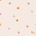 A light beige background featuring a repeating pattern of small, stylised butterflies in shades of pink, orange, and lavender. Each butterfly has simple black lines for the body and wings, arranged in a scattered, non-uniform layout.