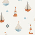 A seamless pattern on a cream background featuring illustrations of sailboats with blue or orange hulls, white sails, and small flags, alongside orange and white striped lighthouses, blue wave icons, and a dark blue ship steering wheel.
