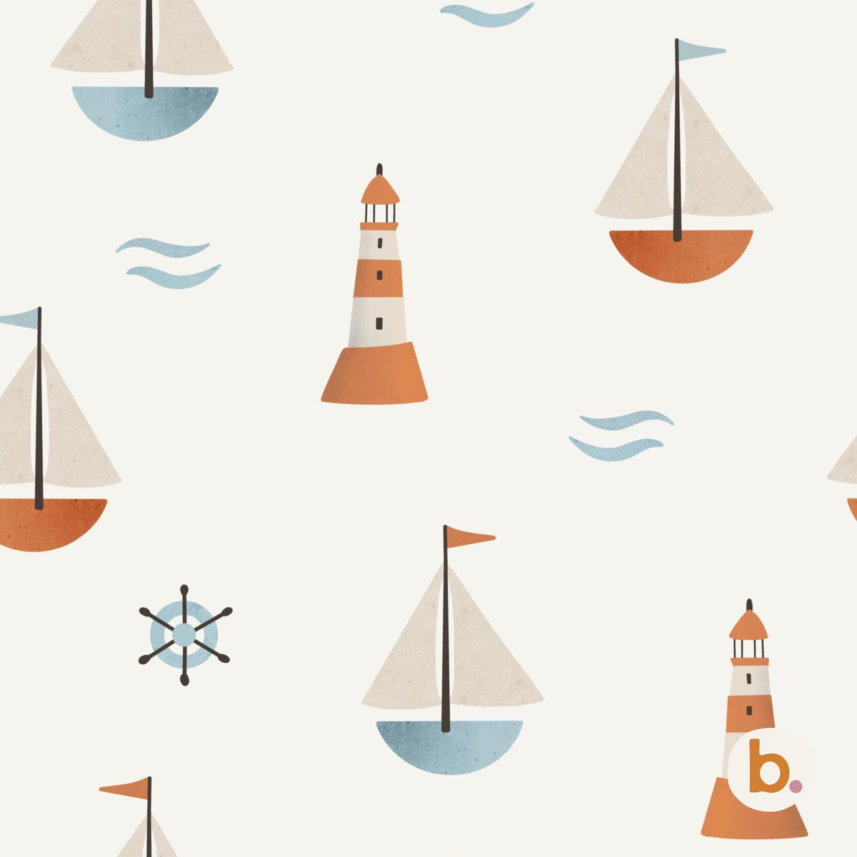 A seamless pattern on a cream background featuring illustrations of sailboats with blue or orange hulls, white sails, and small flags, alongside orange and white striped lighthouses, blue wave icons, and a dark blue ship steering wheel.
