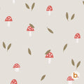 A repeating pattern featuring red toadstools with white spots and white stems, alongside brown leaf shapes, set against a light beige backdrop. The design has a whimsical, nature-inspired theme.