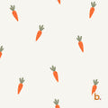 A repeating pattern on a light cream background featuring small, stylised orange carrots with muted green leafy tops. Each carrot is depicted with simple horizontal lines for texture, arranged in a scattered, non-uniform layout.
