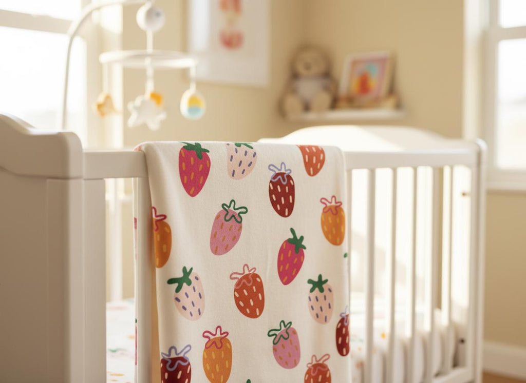Strawberry pattern printed on a baby blanket draped over a white cot in a sunny nursery with a mobile above.