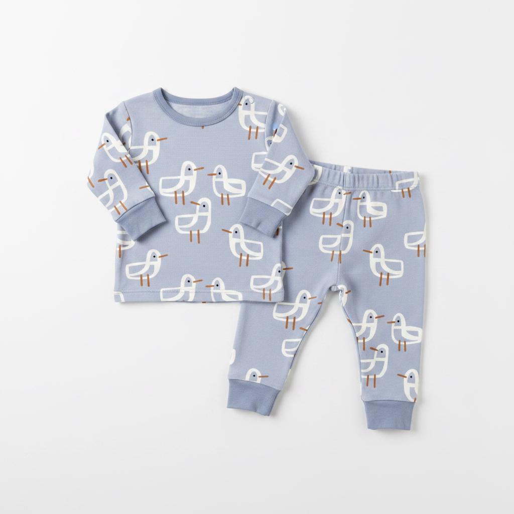 A light blue long-sleeved pyjama set featuring a repeating pattern of white and brown stylised birds. The top has a crew neckline and ribbed cuffs, while the matching trousers feature an elastic waistband and ribbed ankle cuffs.