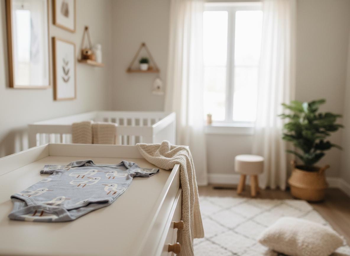 A light blue short-sleeved baby bodysuit featuring a repeating pattern of white and brown seagulls. The garment is laid flat on a white surface, with a cream-coloured knitted blanket draped partially over the side of the surface.