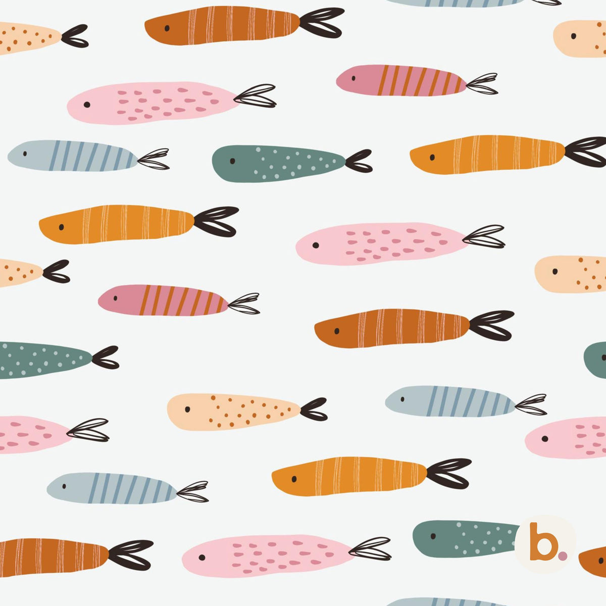 A repeating pattern on a white background featuring stylised fish in various colours including orange, pink, blue, and teal. Each fish has a simple black eye, a dark tail, and unique surface markings like stripes or dots.