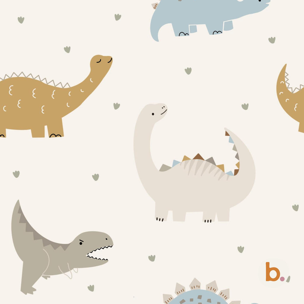 Boho Dinosaur seamless pattern: friendly long-neck, stegosaurus and T-rex dinosaurs in caramel, grey and dusty blue with tiny hearts on cream.