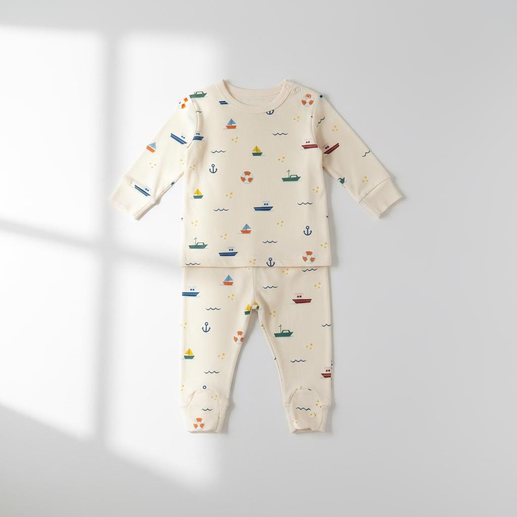 A long-sleeved top and footed trousers set in an off-white colour. The fabric features a repeating pattern of small, colourful boats, anchors, life preservers, and wavy lines in shades of blue, red, green, yellow, and orange.