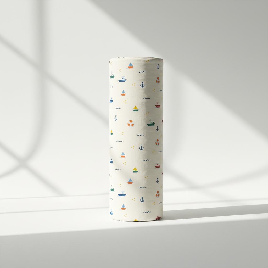 Upright roll of white fabric printed with the Nautical pattern of tiny colourful boats and anchors, in soft window light.