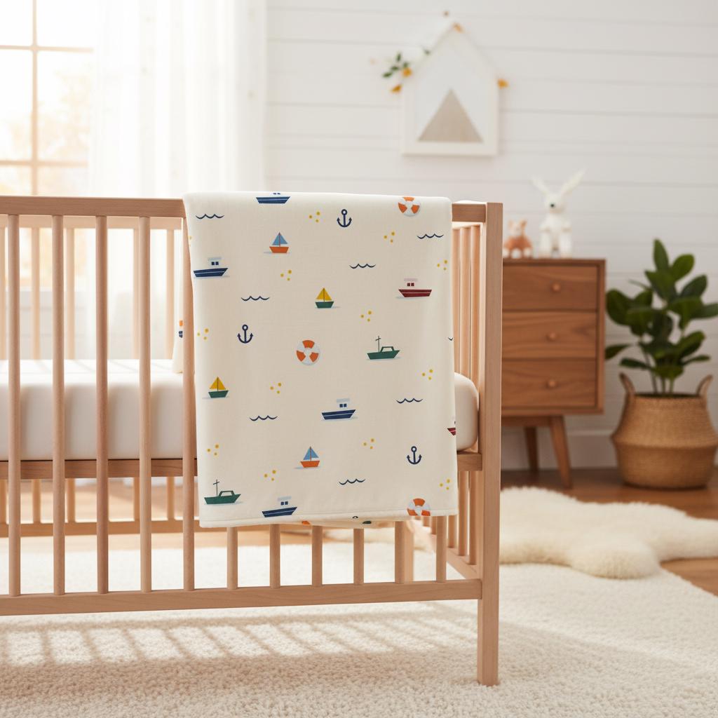 Blanket printed with the Nautical boat pattern hanging over a wooden cot in a white-panelled nursery.