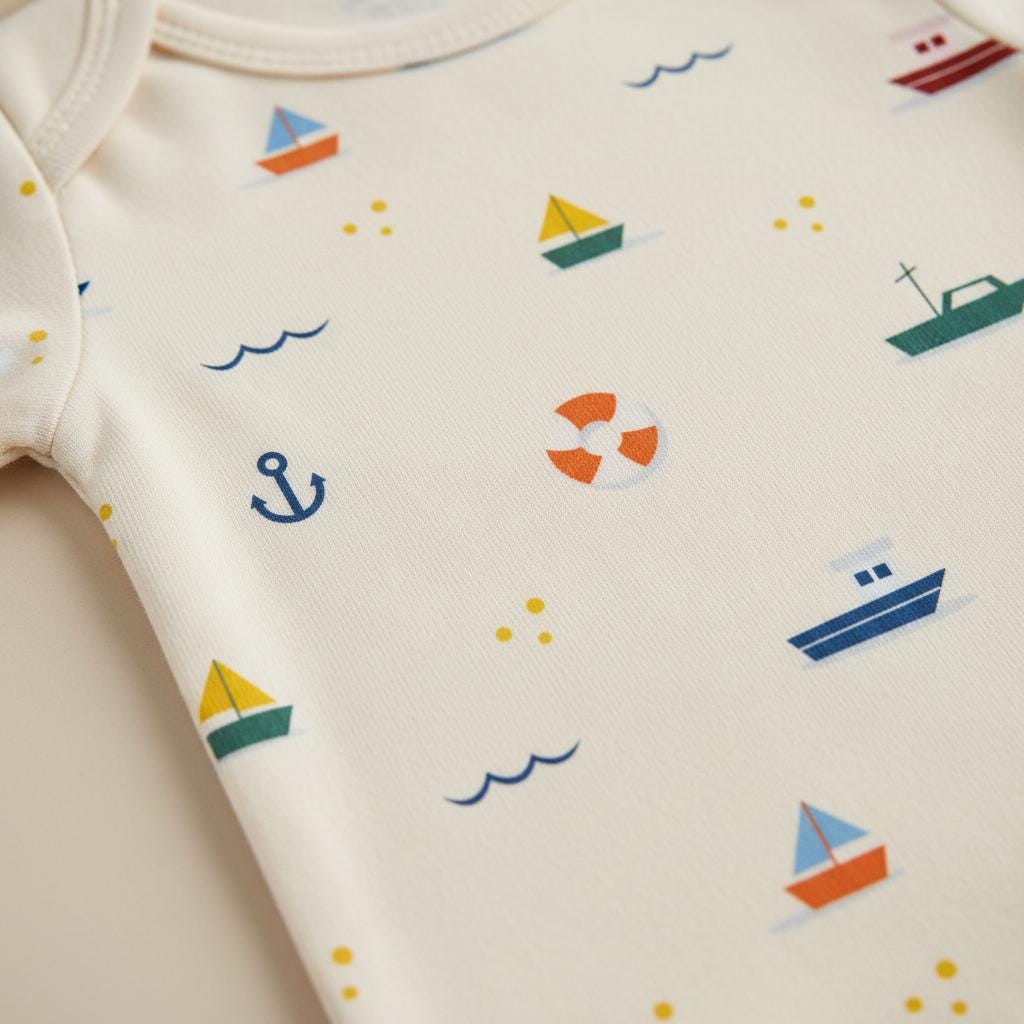 A cream-coloured baby bodysuit featuring a repeating nautical pattern. The print includes small sailboats in blue, orange, and green, dark blue anchors, orange and white life preservers, blue wave icons, and scattered yellow dots.