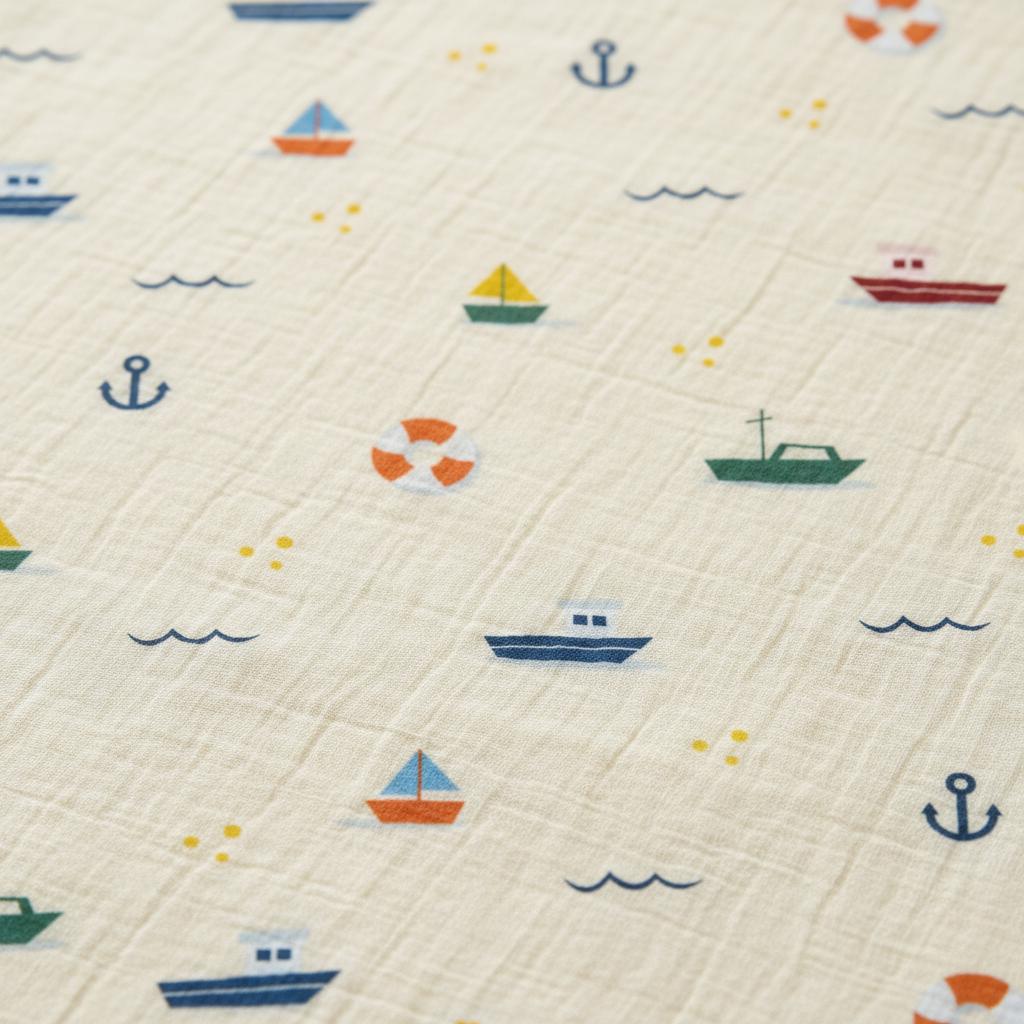 A cream-coloured muslin fabric featuring a repeating nautical pattern. The print includes small sailboats, motorboats, dark blue anchors, orange and white life preservers, wavy blue lines representing water, and small yellow dots.