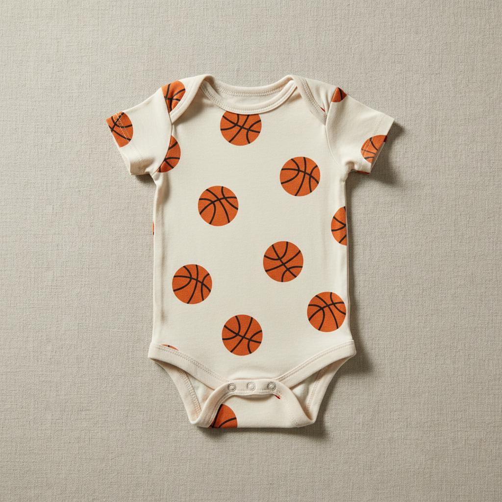 A short-sleeved baby bodysuit in an off-white colour featuring an all-over print of orange basketballs with black lines. The garment has a round neckline, short sleeves, and a snap-button closure at the bottom for easy access.