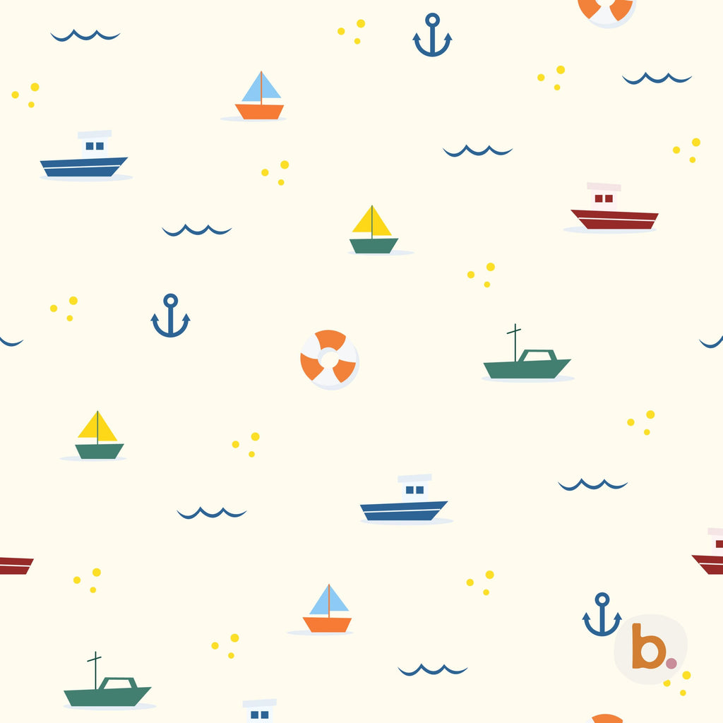A seamless pattern on a cream background featuring small colourful boats, blue anchors, orange life preservers, and wavy lines. The design includes yellow dots scattered throughout, with a small logo in the bottom right corner.