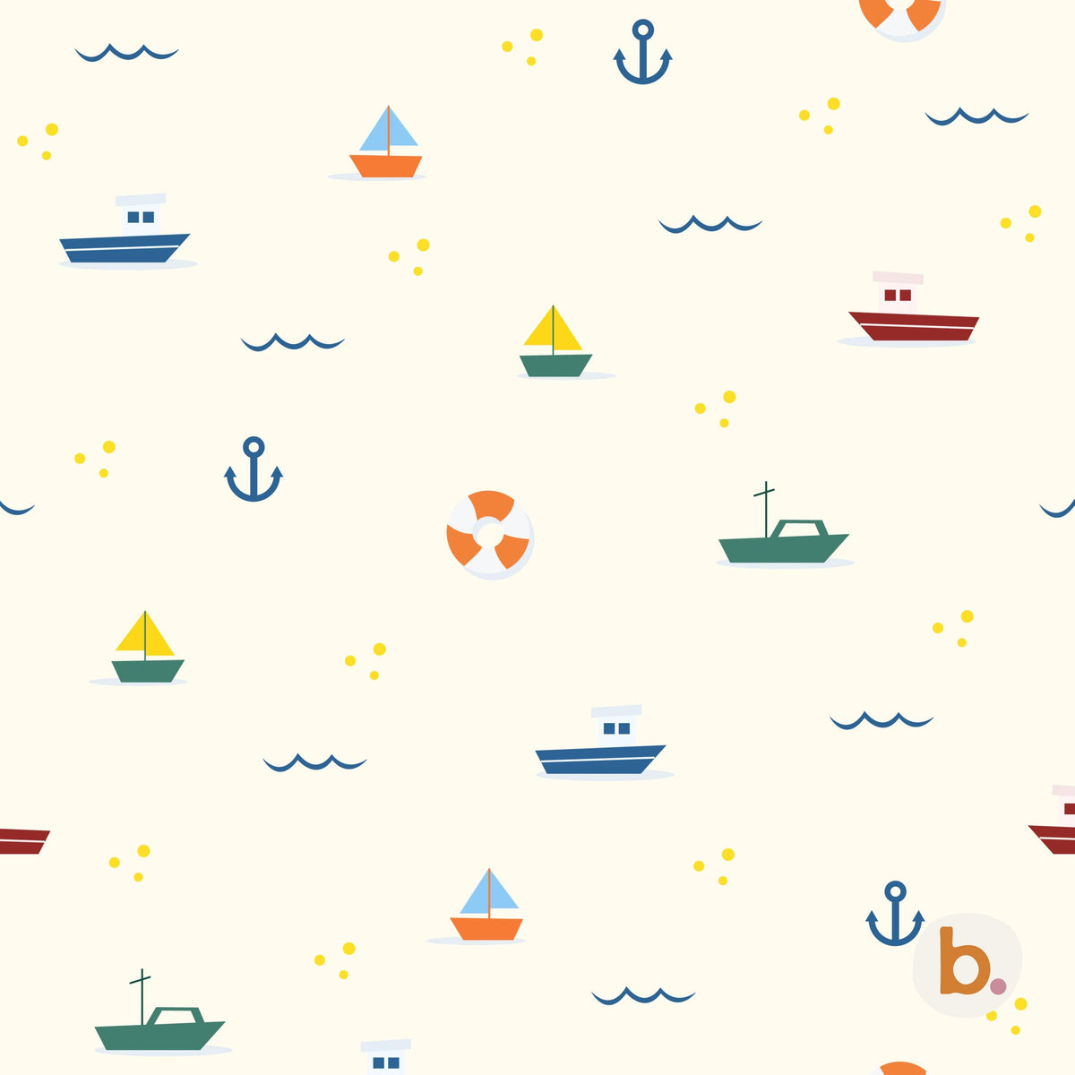 A seamless pattern on a cream background featuring small colourful boats, blue anchors, orange life preservers, and wavy lines. The design includes yellow dots scattered throughout, with a small logo in the bottom right corner.