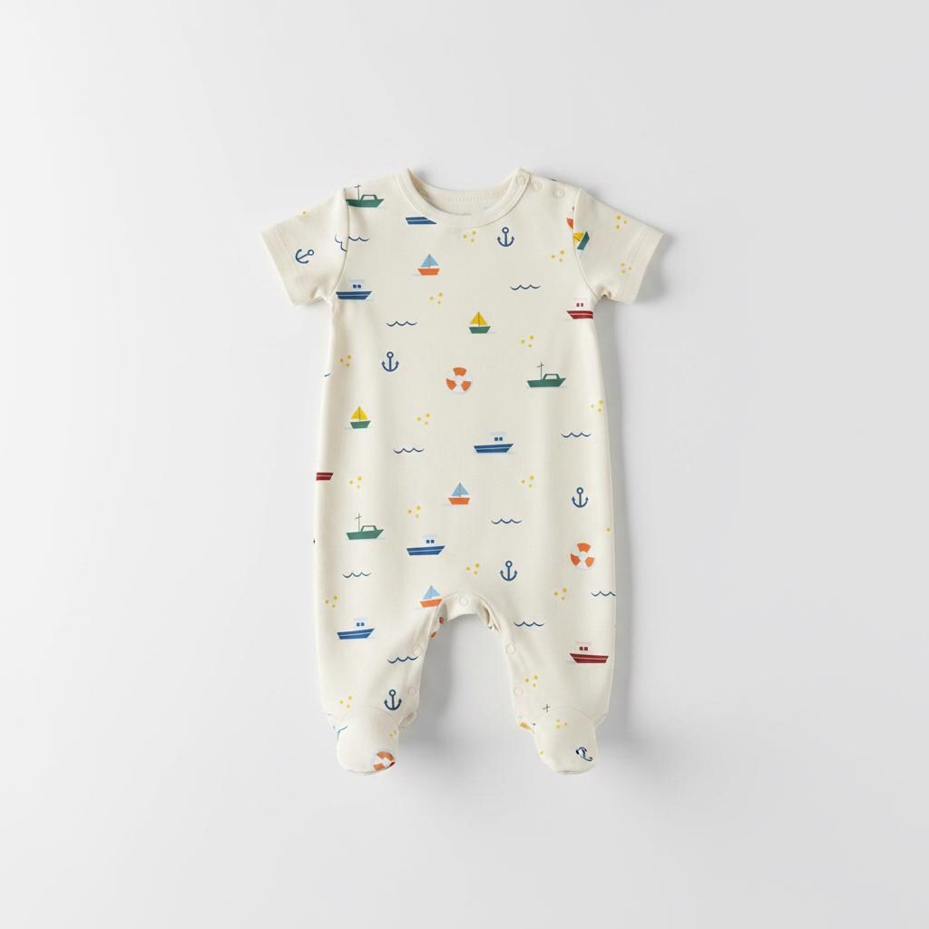 A cream-coloured footed sleepsuit featuring a repeating pattern of small, colourful boats, anchors, and wavy lines in shades of blue, green, red, orange, and yellow. The garment has short sleeves, a round neckline, and enclosed feet.