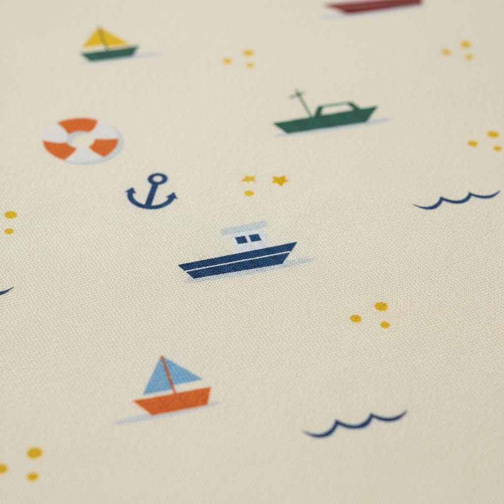 Close-up of cream fabric with the Nautical pattern of little boats, sailboats, anchors, life rings and blue waves.