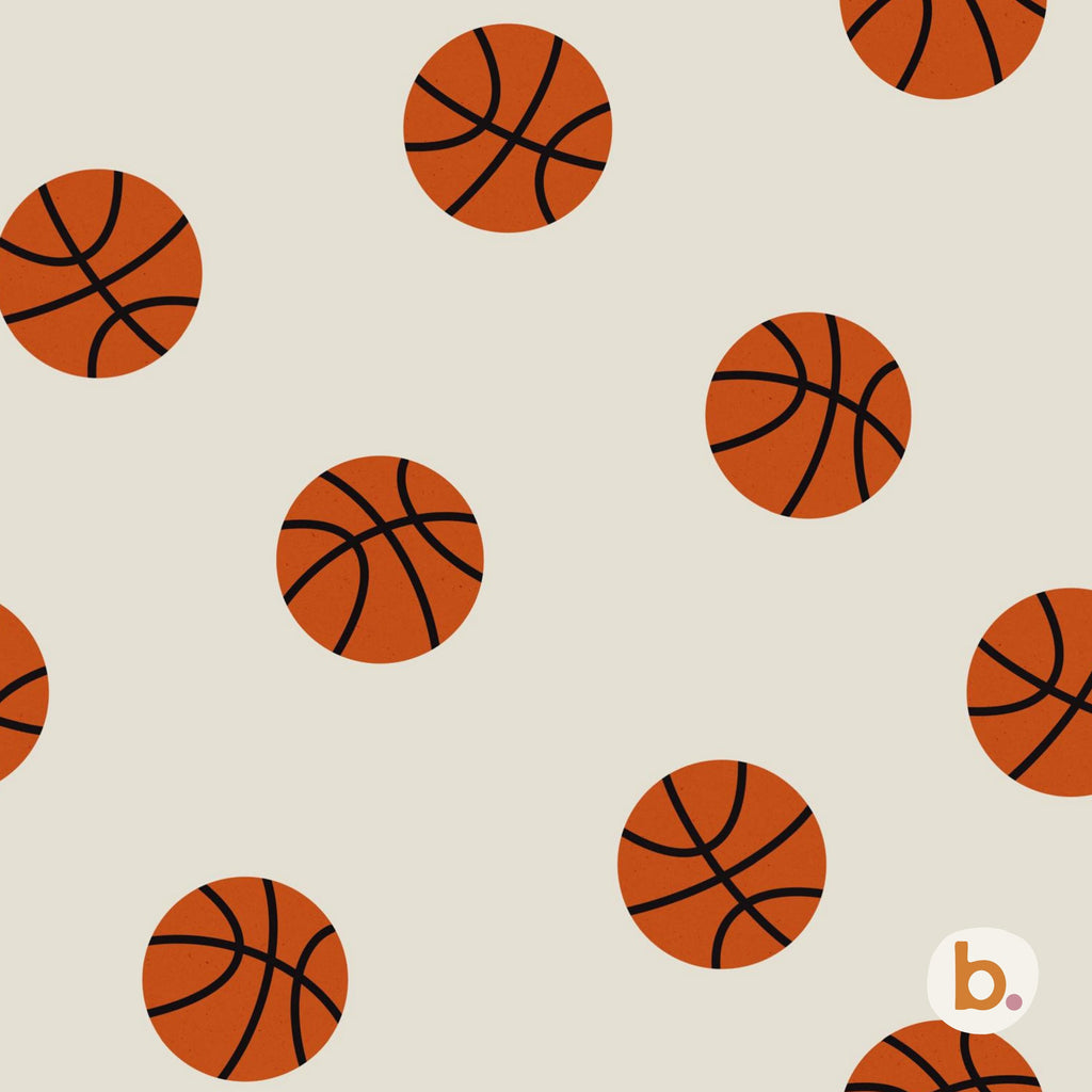 A repeating pattern of orange basketballs with black lines set against a light beige background. Each basketball features the standard spherical shape and black seam detailing. The design is uniform and covers the entire visible area.