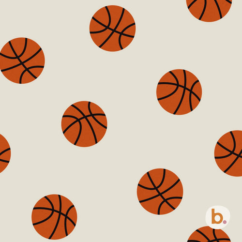 A repeating pattern of orange basketballs with black lines set against a light beige background. Each basketball features the standard spherical shape and black seam detailing. The design is uniform and covers the entire visible area.