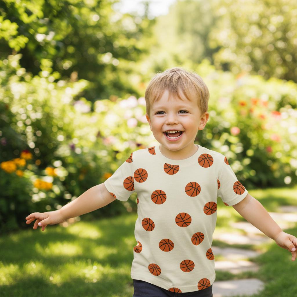 A short-sleeved crew neck t-shirt in a light cream colour featuring an all-over repeating pattern of orange basketballs with black lines. The shirt is constructed with a standard fit, a round neckline, and hemmed sleeves and waist.