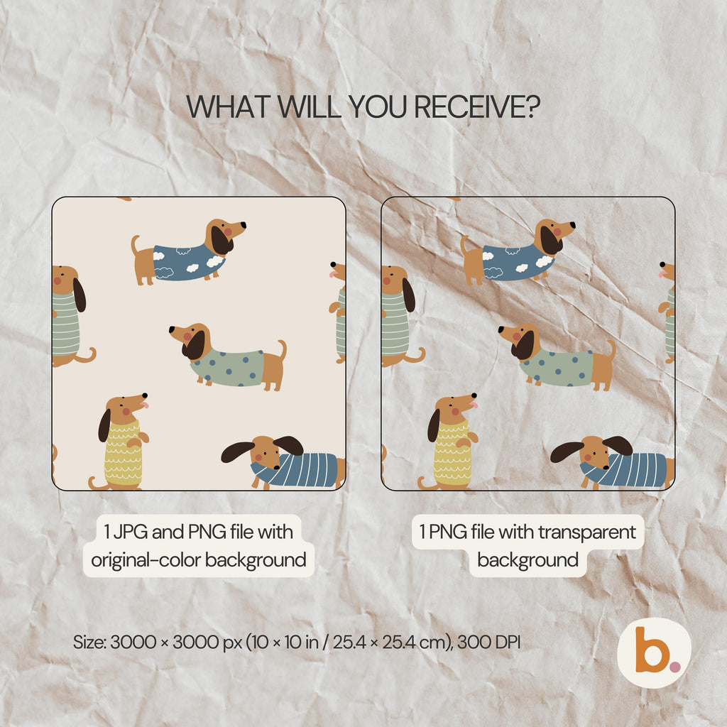 What you receive: the Dachshund pattern as a JPG and PNG with the original-colour background, plus a PNG with a transparent background, 3000 x 3000 px (10 x 10 in), 300 DPI.