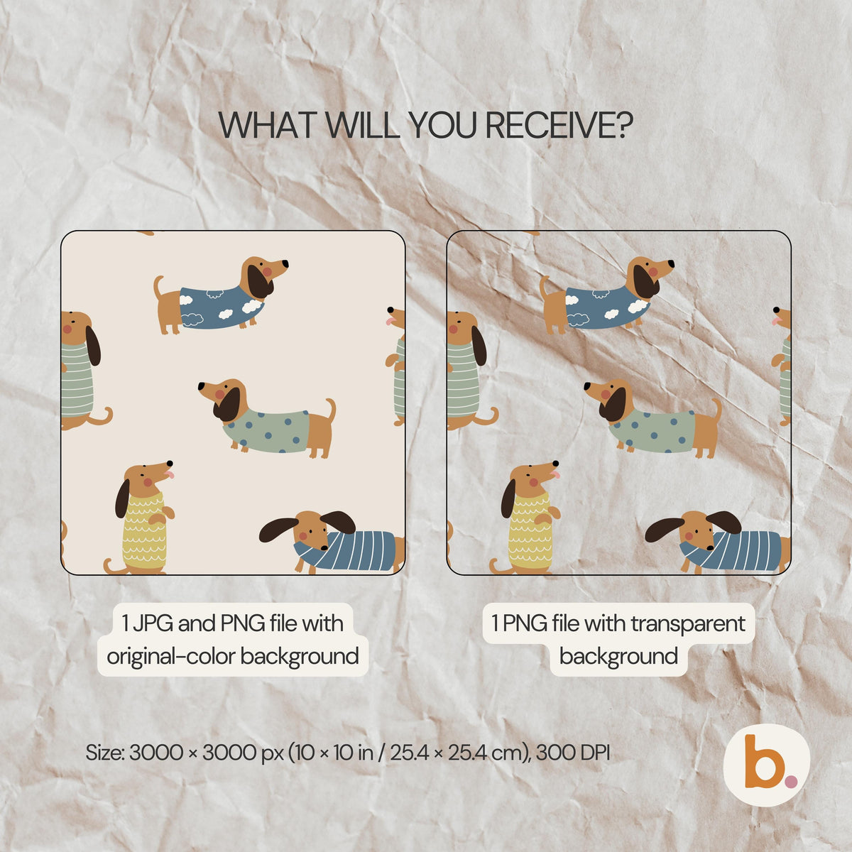 What you receive: the Dachshund pattern as a JPG and PNG with the original-colour background, plus a PNG with a transparent background, 3000 x 3000 px (10 x 10 in), 300 DPI.