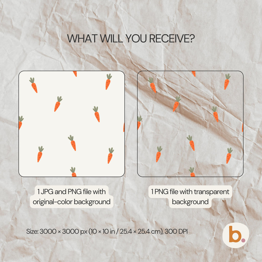 A digital pattern featuring orange carrots with green tops on a white background. Text reads: WHAT WILL YOU RECEIVE? 1 JPG and PNG file with original-colour background, 1 PNG file with transparent background. Size: 3000 x 3000 px (25.4 x 25.4 cm), 300 DPI.