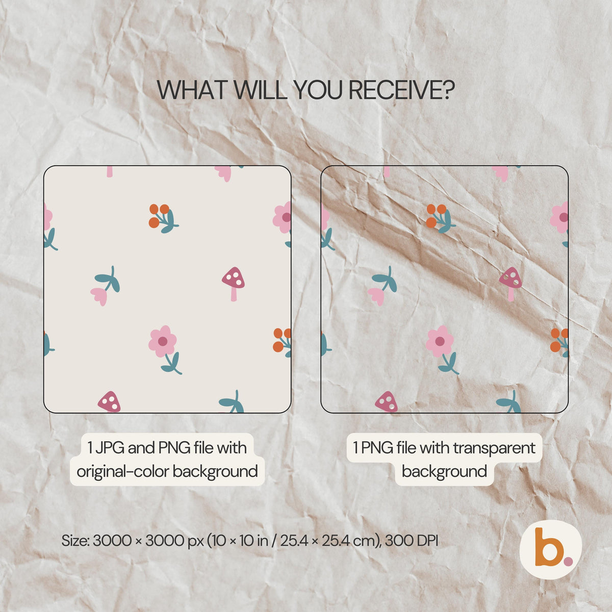 A digital pattern featuring pink flowers, red berries, and mushrooms on a light background. Text reads: WHAT WILL YOU RECEIVE? 1 JPG and PNG file with original-colour background, 1 PNG file with transparent background. Size: 3000 x 3000 px (25.4 x 25.4 cm), 300 DPI.