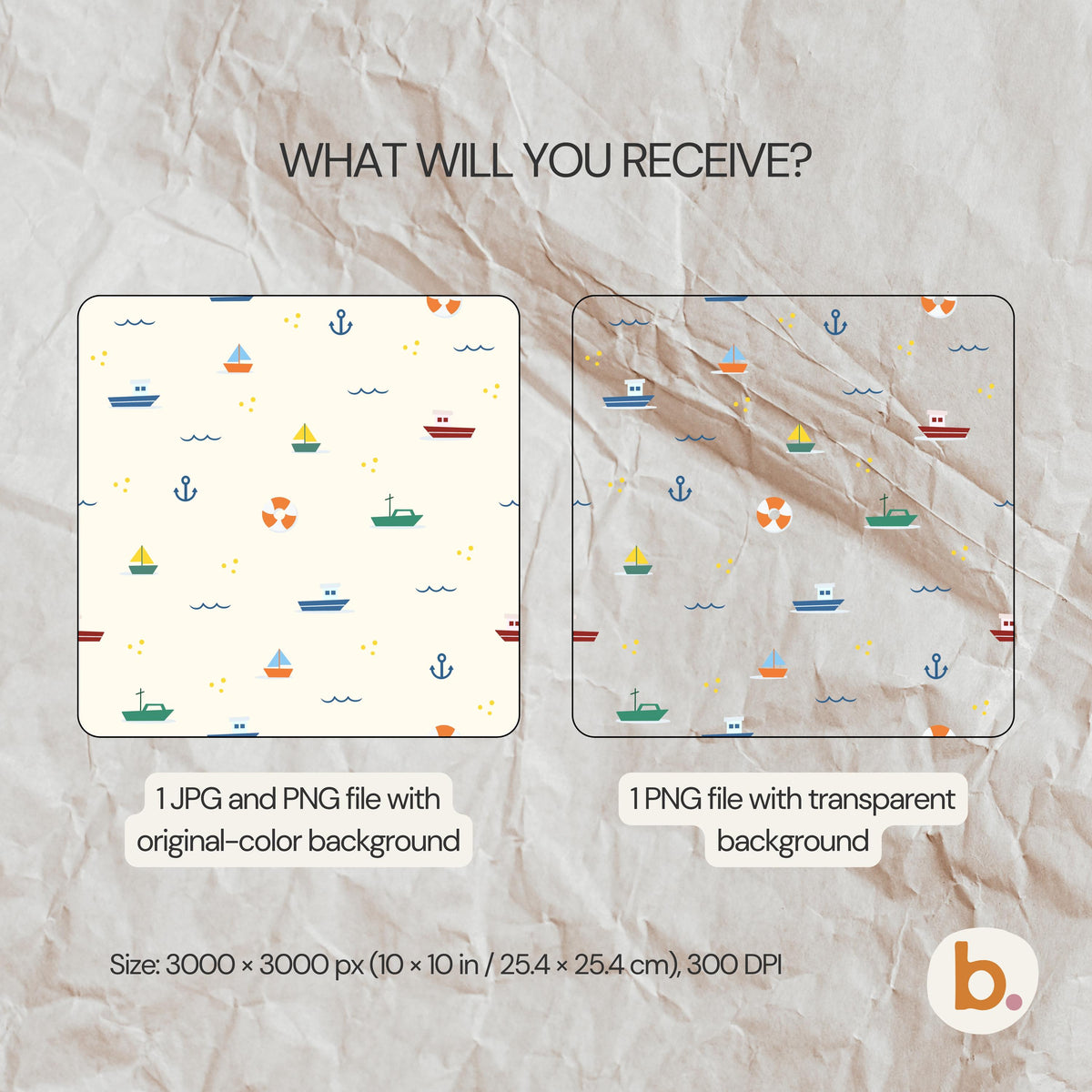 A digital pattern featuring nautical icons including boats, anchors, and life preservers on a cream background. The text reads WHAT WILL YOU RECEIVE?, 1 JPG and PNG file with original-colour background, 1 PNG file with transparent background, and Size: 3000 x 3000 px (10 x 10 in / 25.4 x 25.4 cm), 300 DPI.