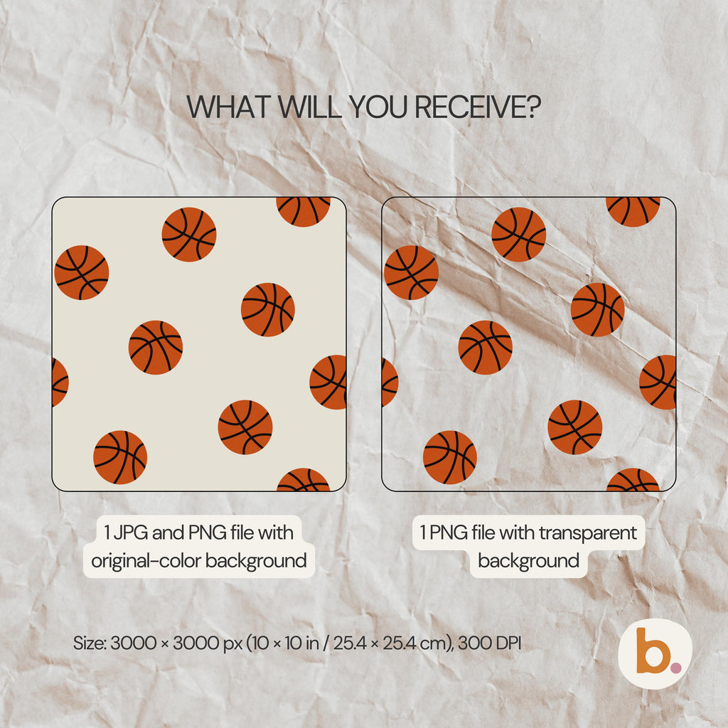 What you receive: the Basketball pattern as a JPG and PNG with the original-colour background, plus a PNG with a transparent background, 3000 x 3000 px (10 x 10 in), 300 DPI.