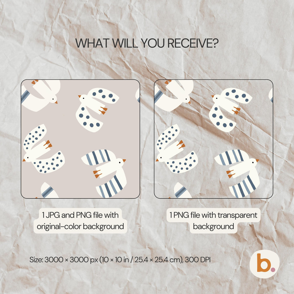 A digital graphic showing two square panels with a repeating pattern of white birds featuring blue polka dots and blue stripes. Text reads: WHAT WILL YOU RECEIVE? 1 JPG and PNG file with original-colour background, 1 PNG file with transparent background. Size: 3000 x 3000 px (10 x 10 in / 25.4 x 25.4 cm), 300 DPI.