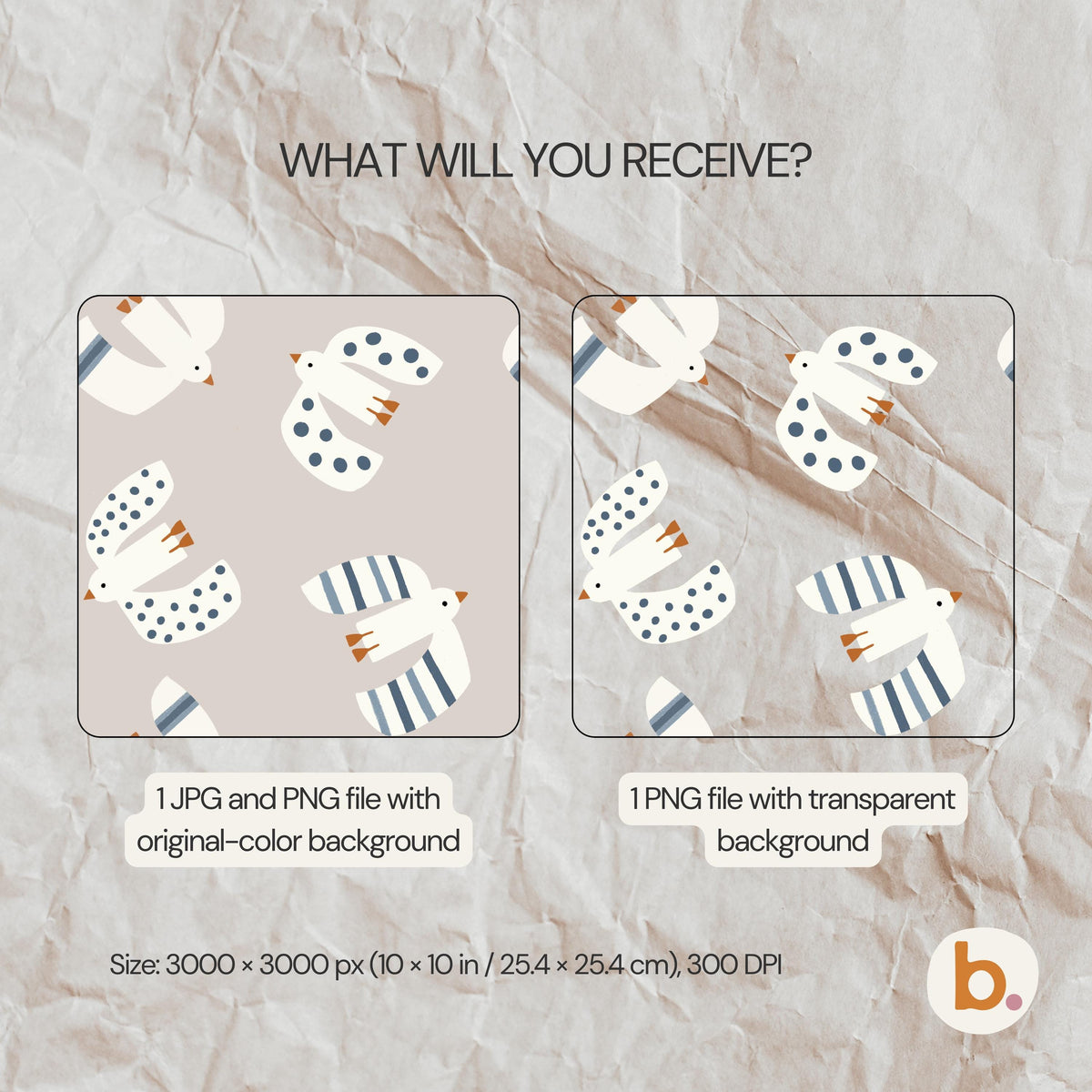 A digital graphic showing two square panels with a repeating pattern of white birds featuring blue polka dots and blue stripes. Text reads: WHAT WILL YOU RECEIVE? 1 JPG and PNG file with original-colour background, 1 PNG file with transparent background. Size: 3000 x 3000 px (10 x 10 in / 25.4 x 25.4 cm), 300 DPI.