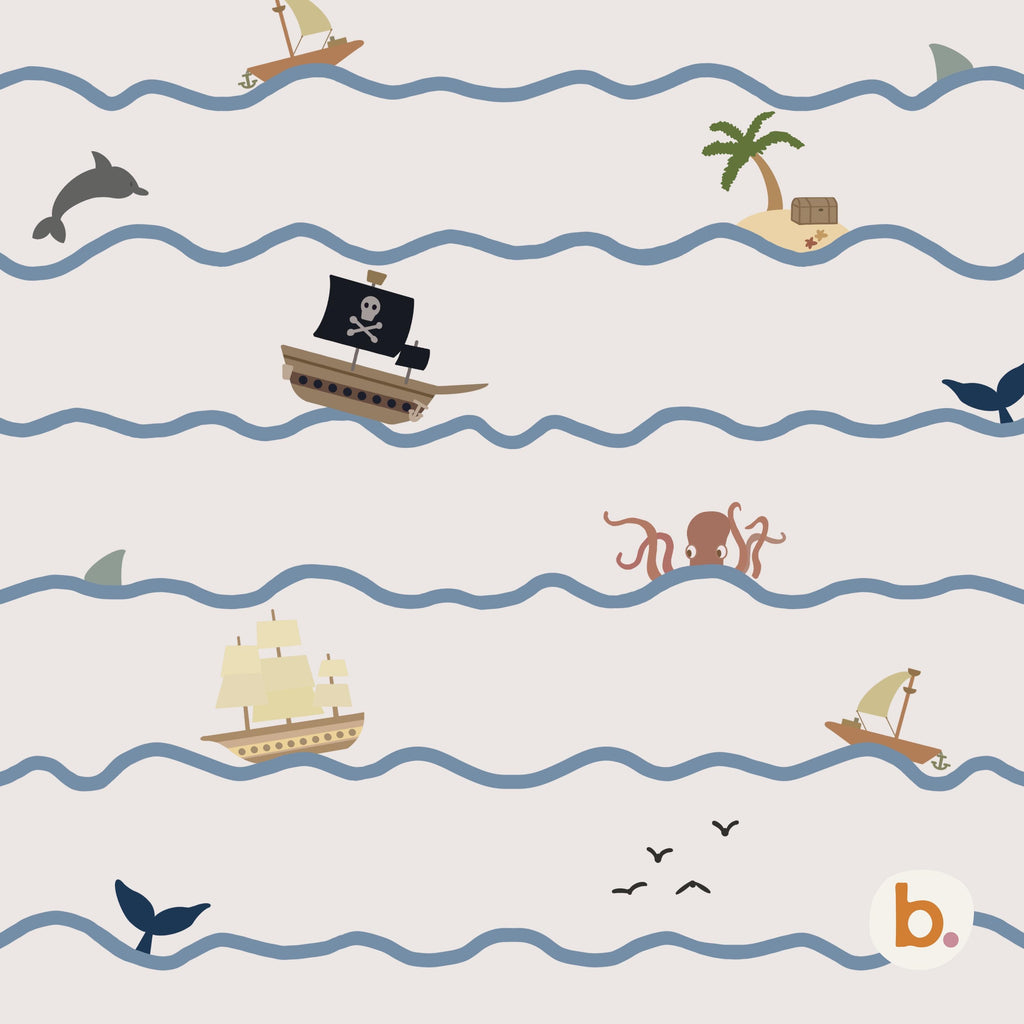 Pirate seamless pattern: pirate ships, sailing boats, an octopus, dolphins, whale tails and palm-tree islands between blue wavy lines on cream.