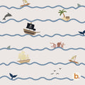 Pirate seamless pattern: pirate ships, sailing boats, an octopus, dolphins, whale tails and palm-tree islands between blue wavy lines on cream.
