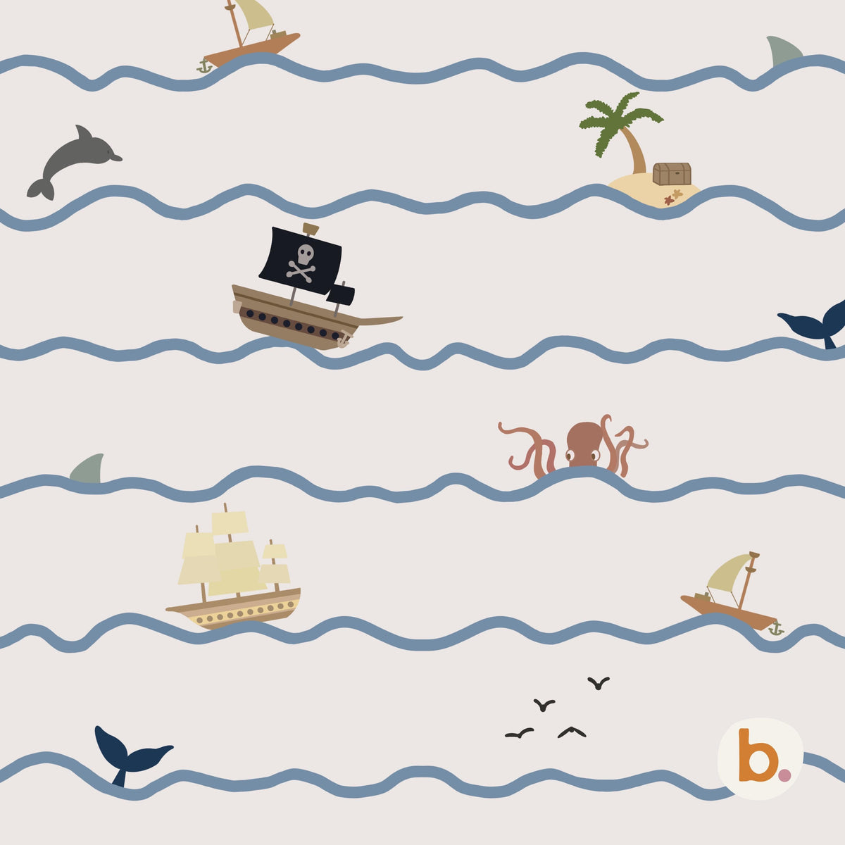Pirate seamless pattern: pirate ships, sailing boats, an octopus, dolphins, whale tails and palm-tree islands between blue wavy lines on cream.