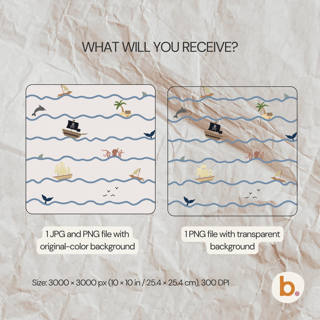 A digital pattern featuring pirate ships, islands, whales, and octopuses on wavy blue lines. Text reads: WHAT WILL YOU RECEIVE?, 1 JPG and PNG file with original-colour background, 1 PNG file with transparent background, Size: 3000 x 3000 px (10 x 10 in / 25.4 x 25.4 cm), 300 DPI.