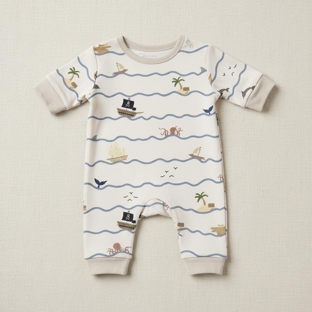Cream long-sleeved baby romper printed with the Pirate pattern of ships, islands and sea creatures on blue waves.