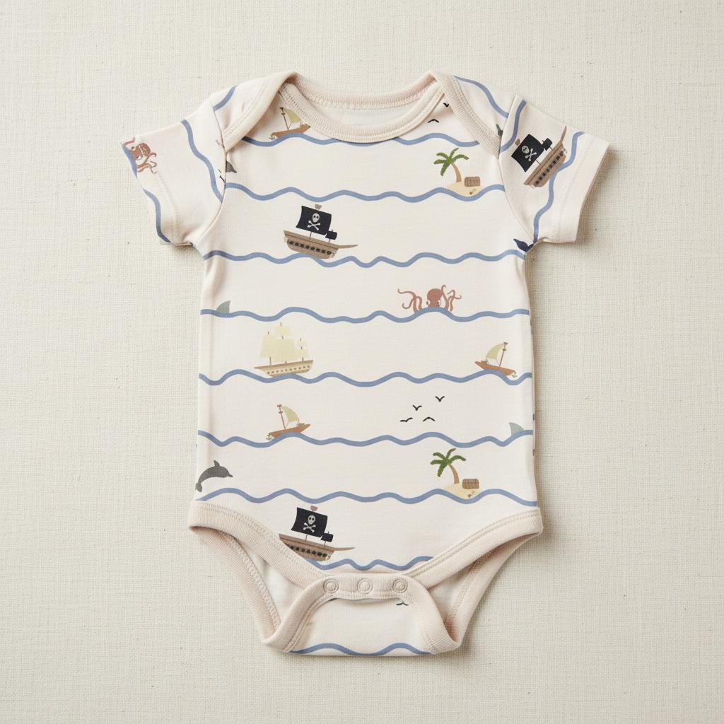 A short-sleeved baby bodysuit in a light cream colour featuring a repeating pattern of blue wavy lines, pirate ships with black skull and crossbones flags, small islands with palm trees, octopuses, dolphins, and flying birds.