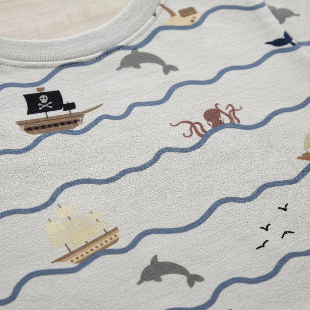 A light grey t-shirt featuring a repeating pattern of blue wavy lines, brown pirate ships with black skull and crossbones flags, beige sailing ships, grey dolphins, a brown octopus, and small black birds flying in the distance.