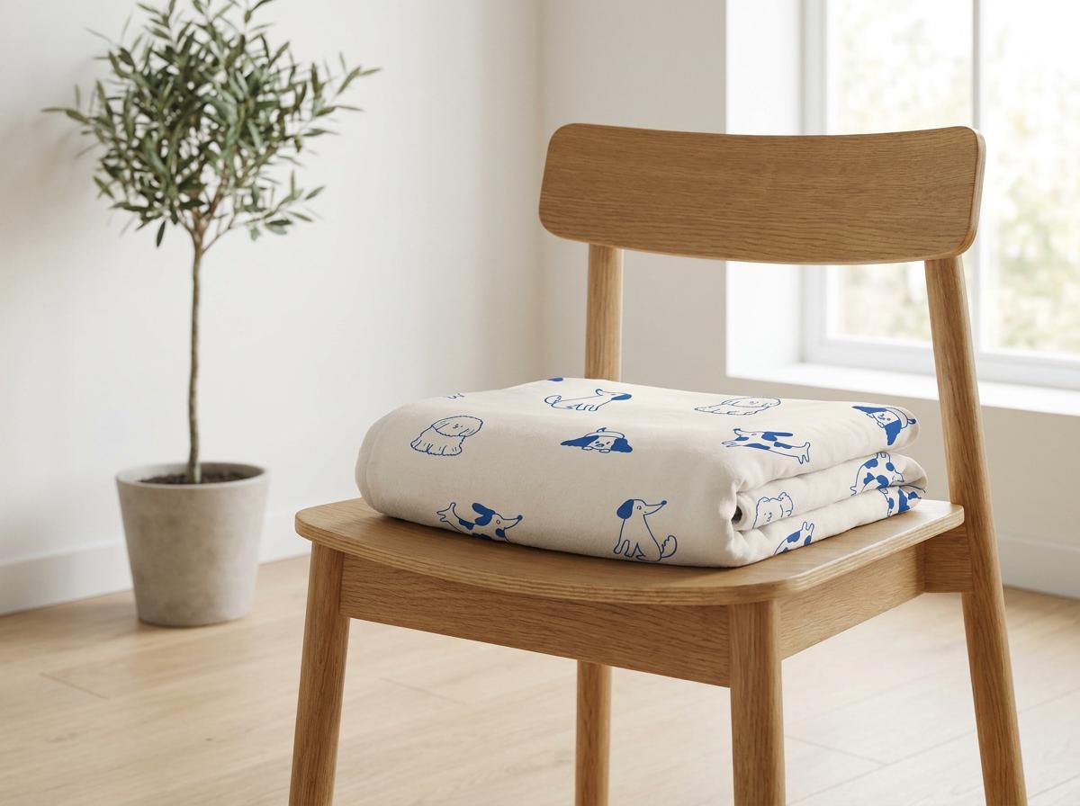 Folded blanket in the blue line-art Dog pattern on a wooden chair in a bright room with a potted olive tree.