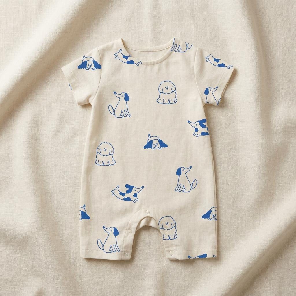 Cream short-sleeved baby romper printed with the blue line-art Dog pattern of sitting and lying puppies.