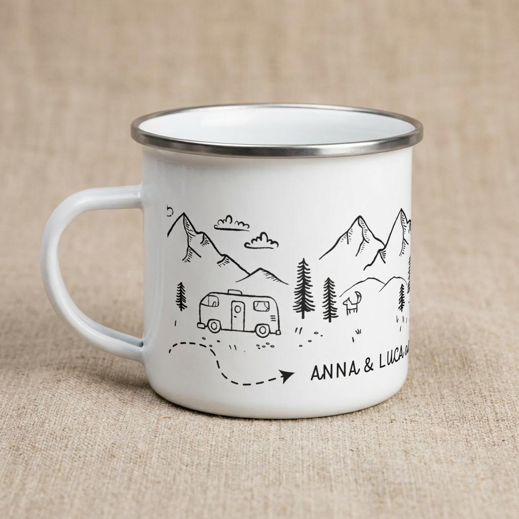 A white enamel mug with a silver rim and a black line art illustration featuring mountains, pine trees, a camper van, and a dotted path. The text ANNA & LUCA is printed in black on the side of the mug, which has a single handle.