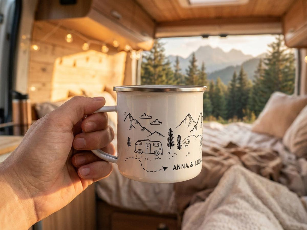 A white enamel mug with a silver rim featuring a black line art illustration of a camper van, pine trees, and mountains. A dotted path leads to the text ANNA & LUCK, printed in a simple sans-serif font on the side of the mug.