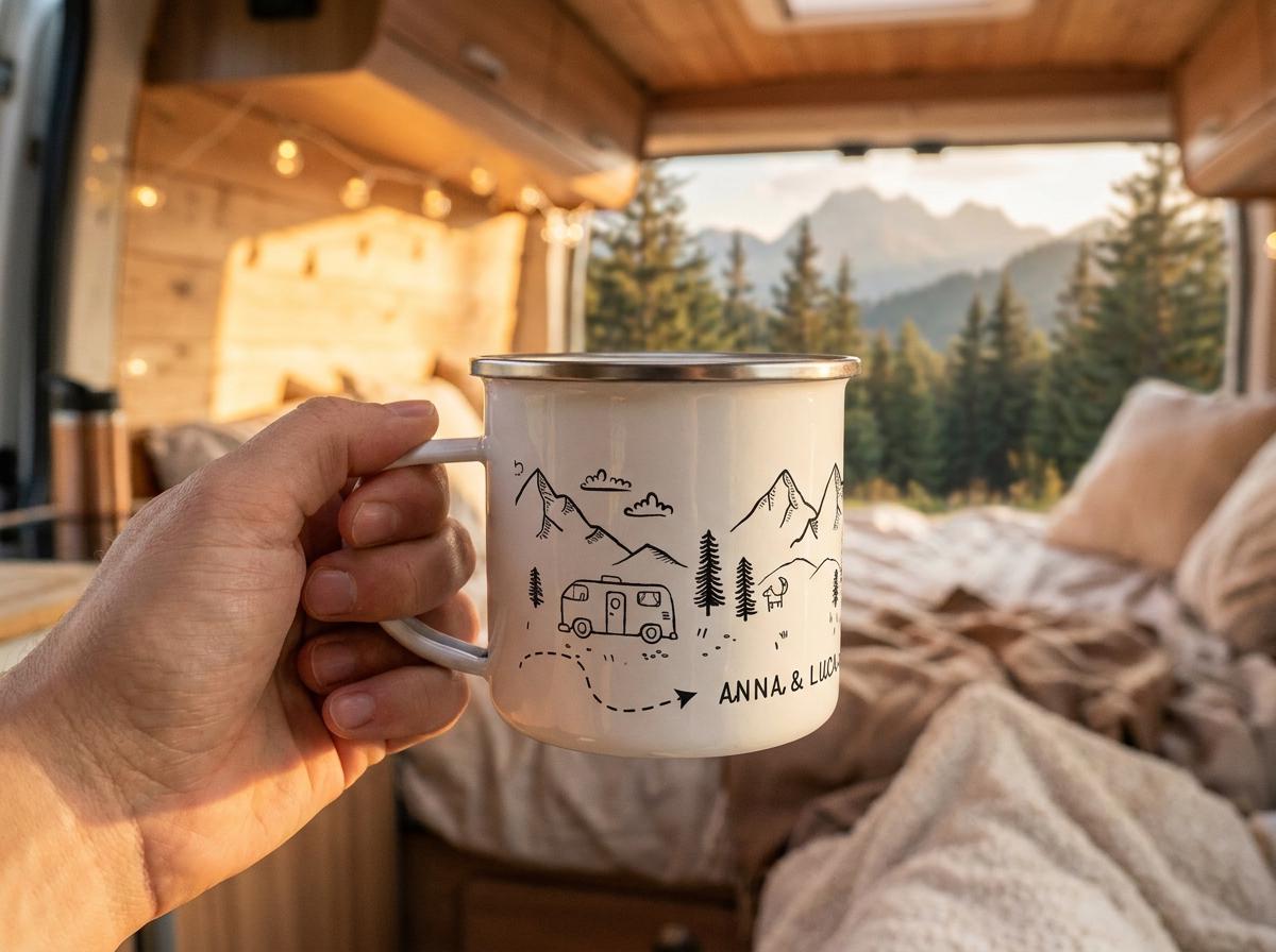 A white enamel mug with a silver rim featuring a black line art illustration of a camper van, pine trees, and mountains. A dotted path leads to the text ANNA & LUCK, printed in a simple sans-serif font on the side of the mug.