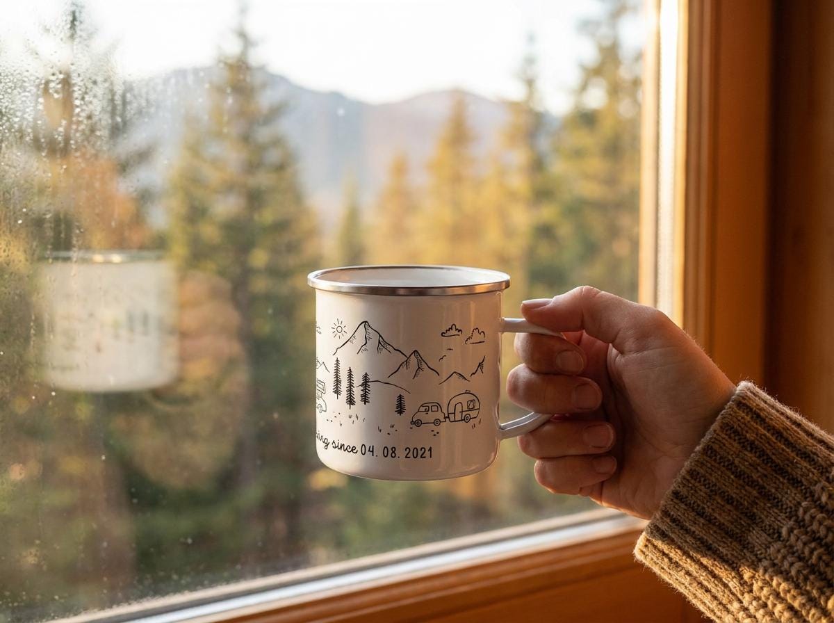 A white enamel mug with a silver rim featuring a black line art illustration of mountains, pine trees, a car, and a camper trailer. The text "camping since 04. 08. 2021" is printed in black ink along the bottom edge of the mug's exterior.