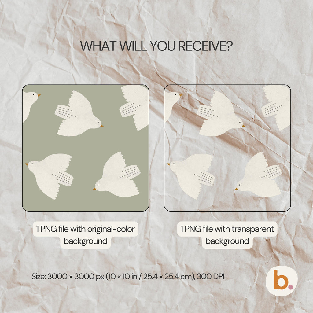 A digital graphic featuring the text WHAT WILL YOU RECEIVE? above two square panels displaying a white bird pattern. One panel has a sage green background, the other is transparent. Text labels indicate 1 PNG file each, size 3000 x 3000 px (25.4 x 25.4 cm), 300 DPI.